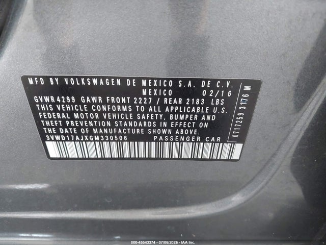 2016 Volkswagen Jetta 1.8t Sport მანქანა იყიდება აუქციონზე, vin: 3VWD17AJXGM330506, აუქციონის ნომერი: 45543374