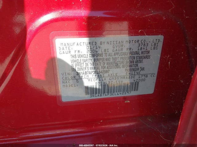 3N1AB7AP3EL642597 Nissan Sentra Fe+ S/fe+ Sv/s/sl/sr/sv