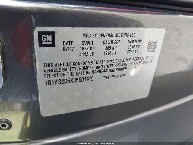 45543403 :رقم المزاد ، 1G1YS2D6XJ5601419 vin ، 2018 Chevrolet Corvette Z06 مزاد بيع