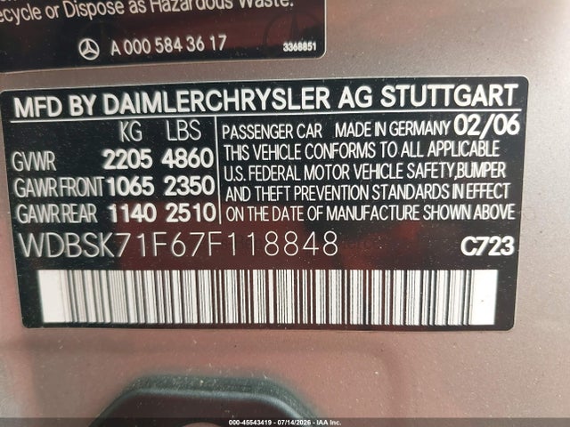 Aukcja sprzedaży 2007 Mercedes-benz Sl 550, vin: WDBSK71F67F118848, numer aukcji: 45543419