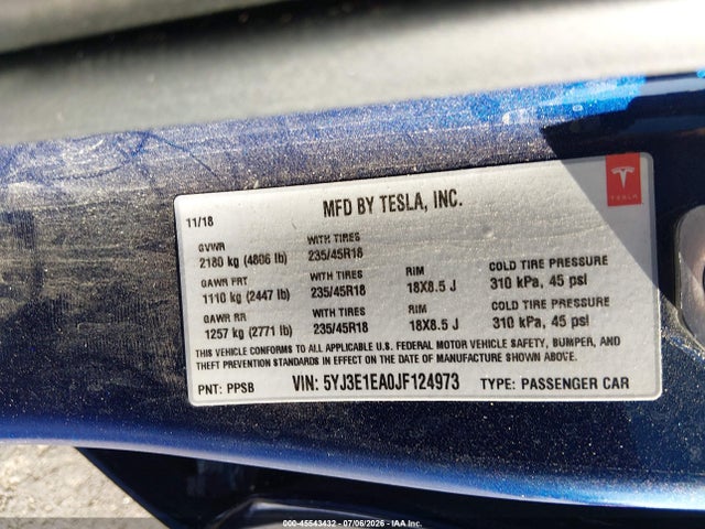 Aukcja sprzedaży 2018 Tesla Model 3 Long Range/mid Range, vin: 5YJ3E1EA0JF124973, numer aukcji: 45543432