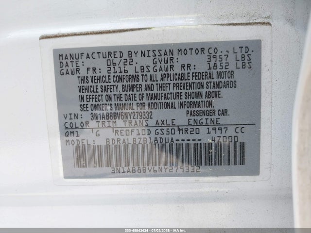 Aukcja sprzedaży 2022 Nissan Sentra S Xtronic Cvt, vin: 3N1AB8BV6NY279332, numer aukcji: 45543434