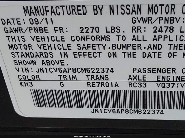 Продаж на аукціоні авто 2012 Infiniti G37 Journey, vin: JN1CV6AP8CM622374, номер лоту: 45543444