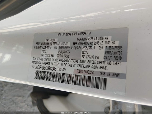 Aukcja sprzedaży 2020 Mazda Cx-5 Grand Touring, vin: JM3KFADMXL0844343, numer aukcji: 45543445