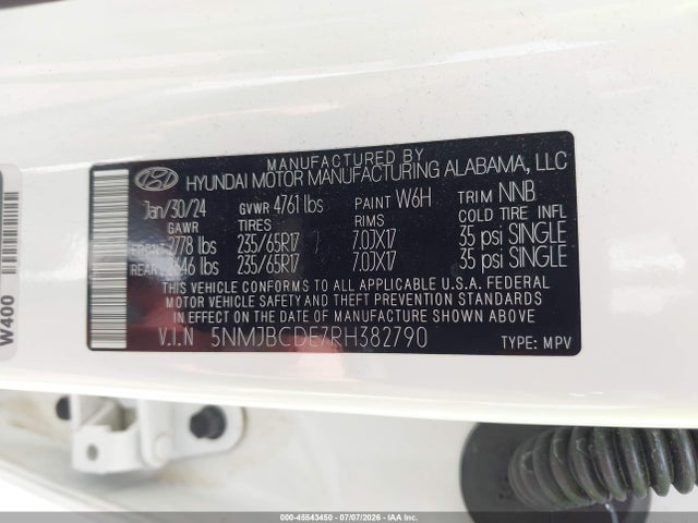 Продажа на аукционе авто 2024 Hyundai Tucson Sel, vin: 5NMJBCDE7RH382790, номер лота: 45543450