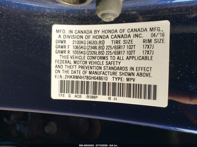 2HKRM4H78GH648610 Honda Cr-v Ex-l