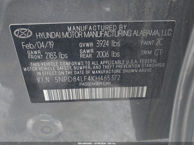 2019 Hyundai Elantra Sel მანქანა იყიდება აუქციონზე, vin: 5NPD84LF4KH465372, აუქციონის ნომერი: 45543461