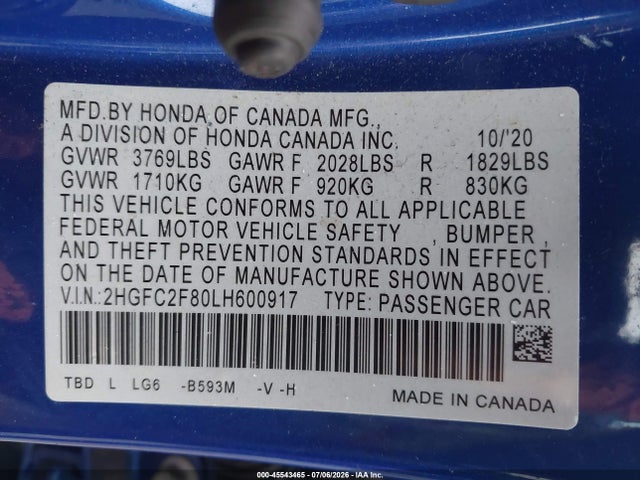 2HGFC2F80LH600917 Honda Civic Sport