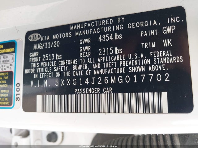 45543472 :رقم المزاد ، 5XXG14J26MG017702 vin ، 2021 Kia K5 Lxs مزاد بيع