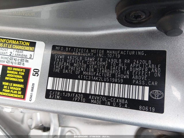 45543490 :رقم المزاد ، 4T1C31AK2LU519859 vin ، 2020 Toyota Camry Le Hybrid مزاد بيع