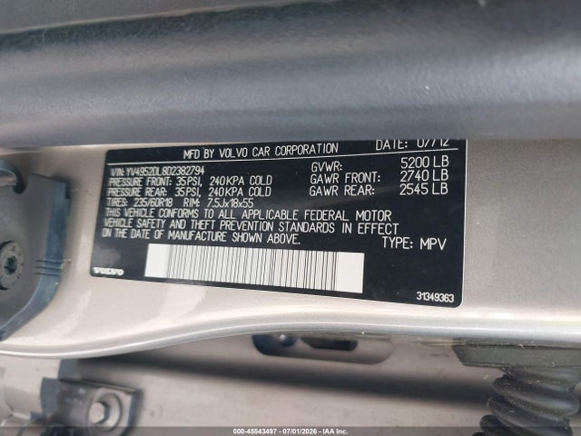 Aukcja sprzedaży 2013 Volvo Xc60 3.2/3.2 Platinum/3.2 Premier/3.2 Premier Plus, vin: YV4952DL8D2382794, numer aukcji: 45543497