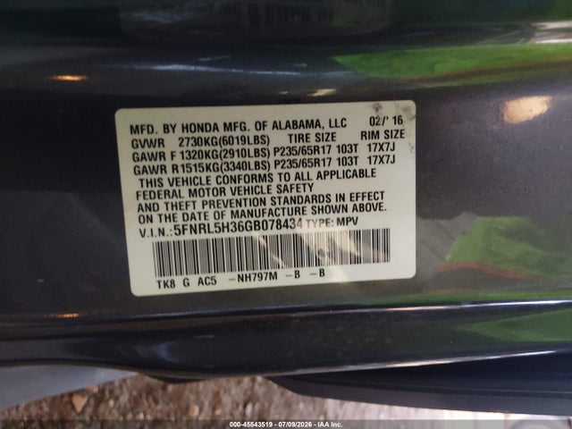 Honda ODYSSEY SE 2016 5FNRL5H36GB078434 Image 9