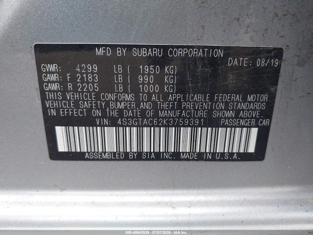 Aukcja sprzedaży 2019 Subaru Impreza 2.0i Premium, vin: 4S3GTAC62K3759391, numer aukcji: 45543539