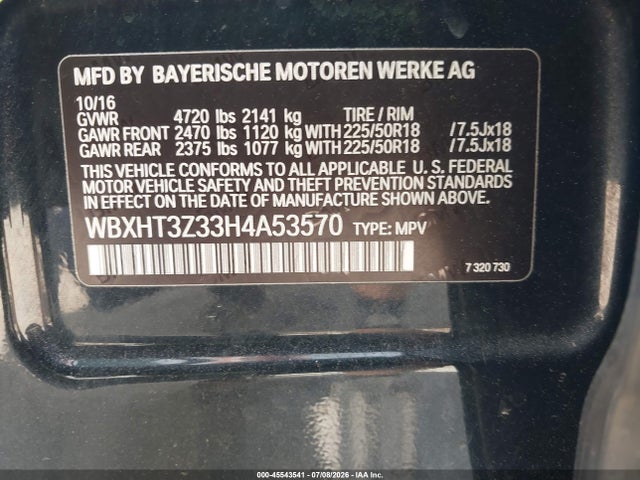 2017 Bmw X1 Xdrive28i მანქანა იყიდება აუქციონზე, vin: WBXHT3Z33H4A53570, აუქციონის ნომერი: 45543541