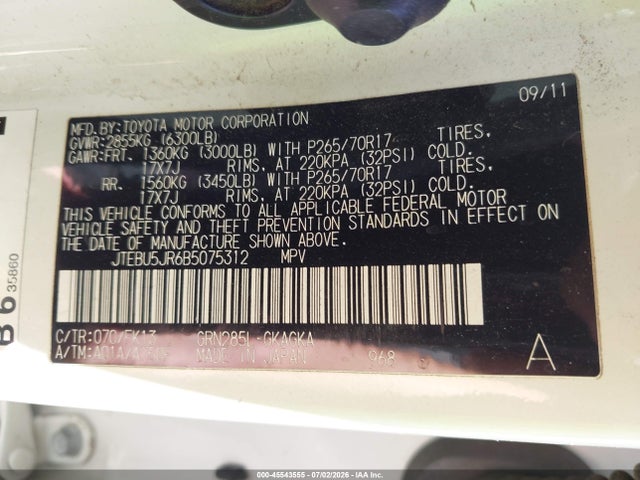 Aukcja sprzedaży 2011 Toyota 4runner Sr5 V6, vin: JTEBU5JR6B5075312, numer aukcji: 45543555