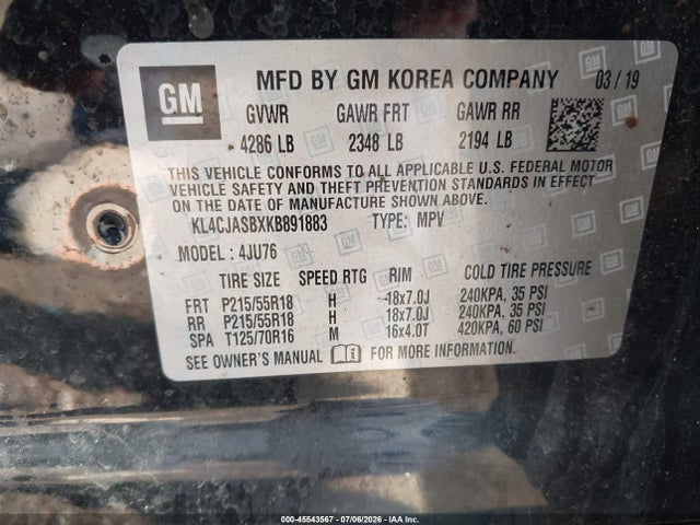 Продажа на аукционе авто 2019 Buick Encore Fwd Preferred, vin: KL4CJASBXKB891883, номер лота: 45543567