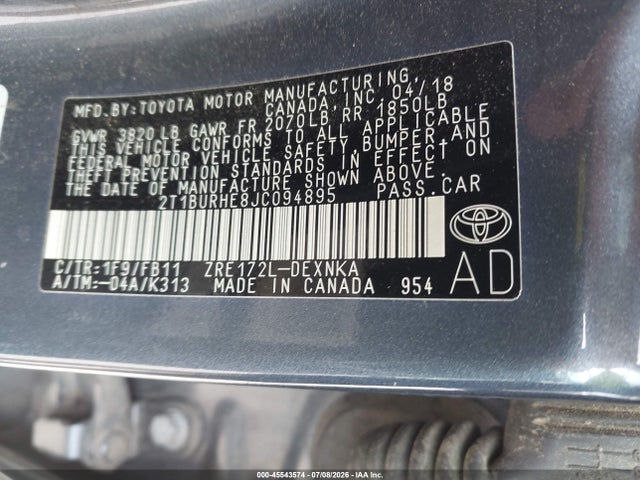 Toyota COROLLA LE 2018 2T1BURHE8JC094895 Image 9