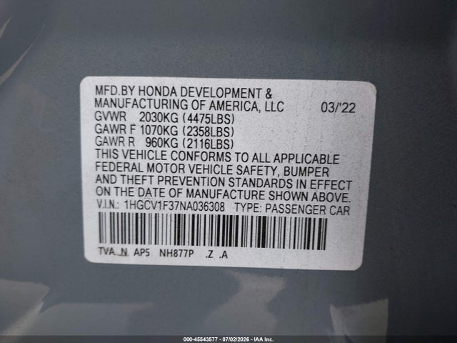 1HGCV1F37NA036308 Honda Accord Sport