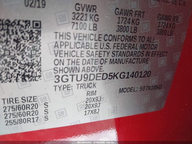 Продажа на аукционе авто 2019 Gmc Sierra 1500 Slt, vin: 3GTU9DED5KG140120, номер лота: 45543592