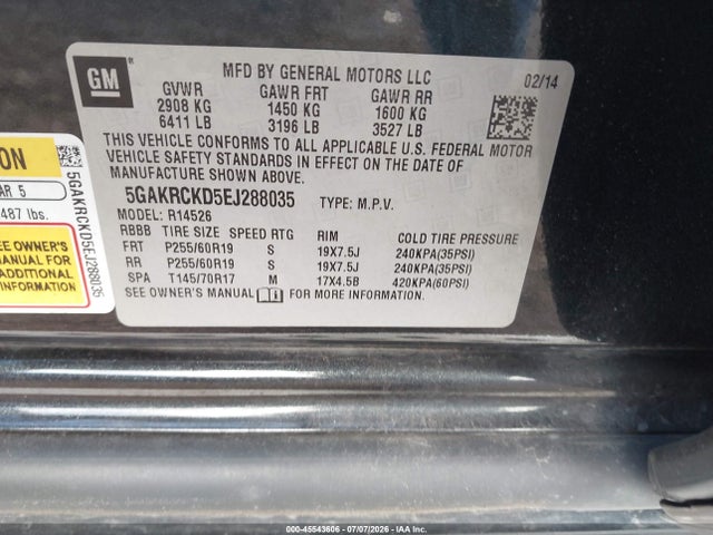 2014 Buick Enclave Premium მანქანა იყიდება აუქციონზე, vin: 5GAKRCKD5EJ288035, აუქციონის ნომერი: 45543606