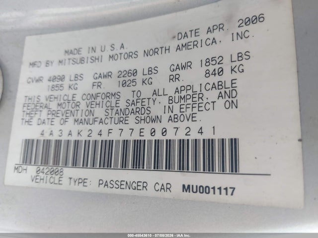 45543610 :رقم المزاد ، 4A3AK24F77E007241 vin ، 2007 Mitsubishi Eclipse Gs مزاد بيع