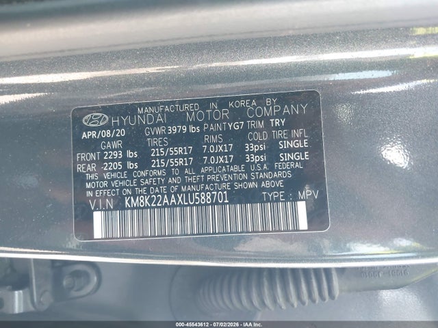 Продаж на аукціоні авто 2020 Hyundai Kona Sel, vin: KM8K22AAXLU588701, номер лоту: 45543612