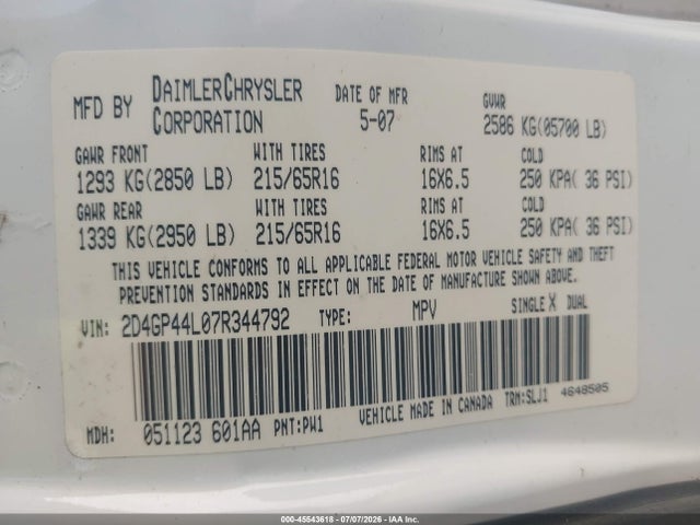 45543618 :رقم المزاد ، 2D4GP44L07R344792 vin ، 2007 Dodge Grand Caravan Sxt مزاد بيع