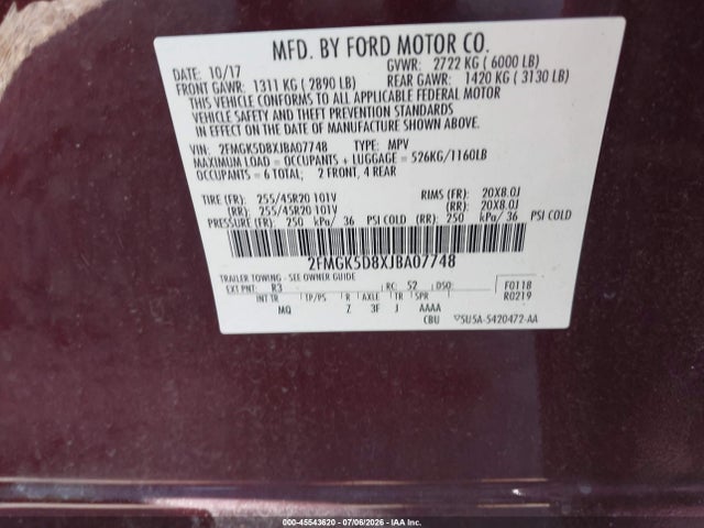 Aukcja sprzedaży 2018 Ford Flex Limited, vin: 2FMGK5D8XJBA07748, numer aukcji: 45543620