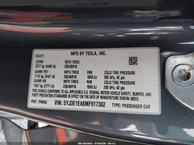 Продаж на аукціоні авто 2021 Tesla Model 3 Standard Range Plus Rear-wheel Drive, vin: 5YJ3E1EA8MF917362, номер лоту: 45543633
