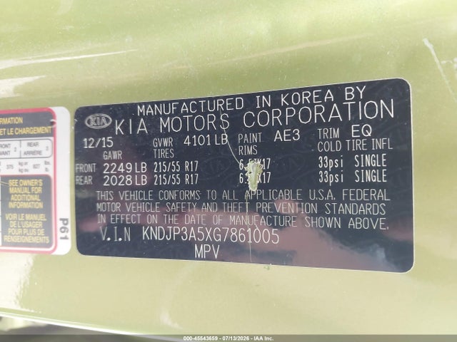KIA SOUL + 2016 KNDJP3A5XG7861005 Image 9