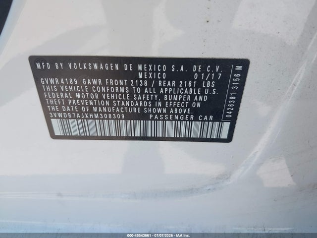 Aukcja sprzedaży 2017 Volkswagen Jetta 1.4t Se, vin: 3VWDB7AJXHM308309, numer aukcji: 45543661