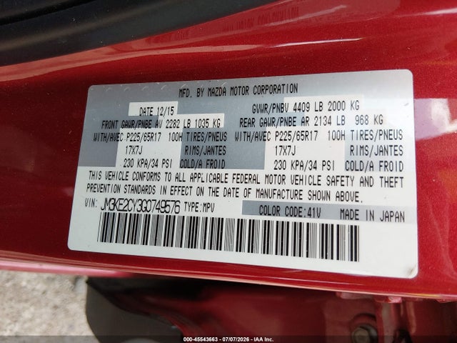 Aukcja sprzedaży 2016 Mazda Cx-5 Touring, vin: JM3KE2CY3G0749576, numer aukcji: 45543663