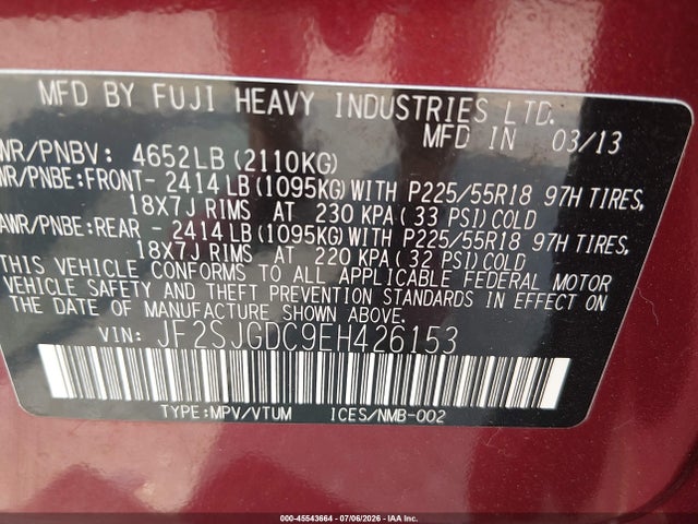 45543664 :رقم المزاد ، JF2SJGDC9EH426153 vin ، 2014 Subaru Forester 2.0xt Premium مزاد بيع