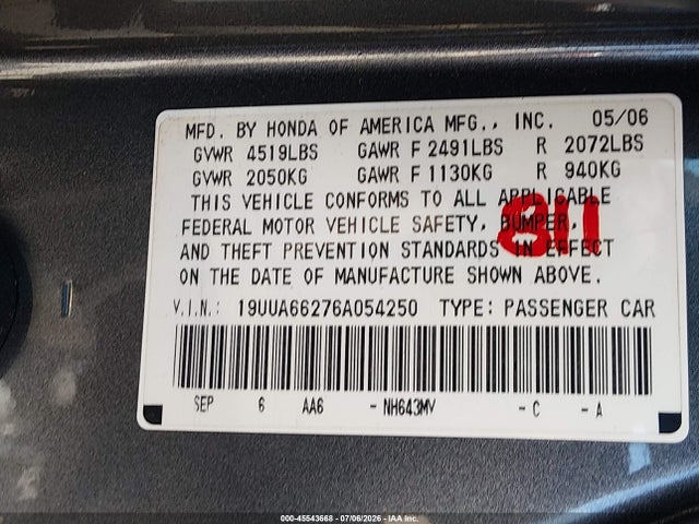 Aukcja sprzedaży 2006 Acura Tl, vin: 19UUA66276A054250, numer aukcji: 45543668