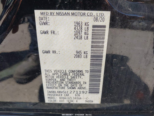 Продажа на аукционе авто 2020 Nissan Altima S Fwd, vin: 1N4BL4BV5LC271192, номер лота: 45543671