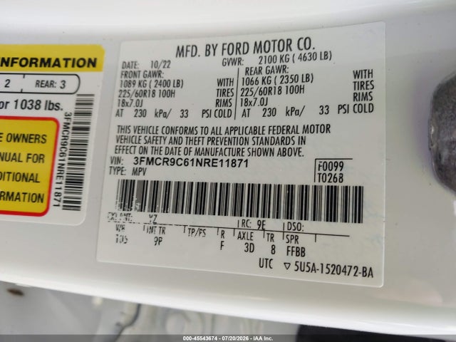 45543674 :رقم المزاد ، 3FMCR9C61NRE11871 vin ، 2022 Ford Bronco Sport Outer Banks مزاد بيع
