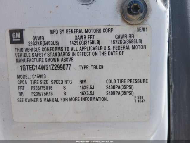 Aukcja sprzedaży 2001 Gmc Sierra 1500 Sl, vin: 1GTEC14W51Z299077, numer aukcji: 45543681