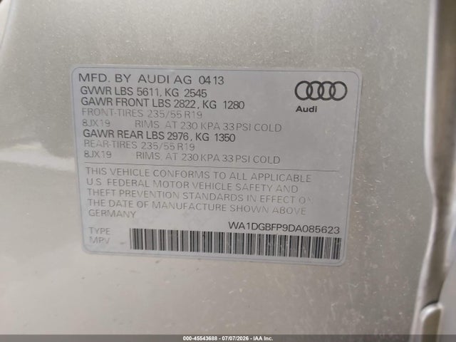 45543688 :رقم المزاد ، WA1DGBFP9DA085623 vin ، 2013 Audi Q5 3.0t Premium Plus مزاد بيع