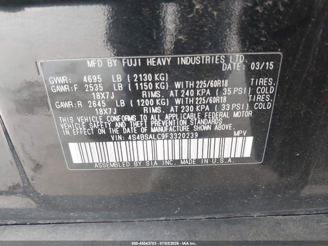 Subaru Outback 2.5i Limited 2015 4S4BSALC9F3320239 Image 9