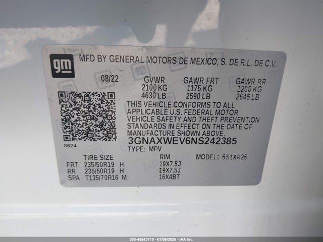 45543710 :رقم المزاد ، 3GNAXWEV6NS242385 vin ، 2022 Chevrolet Equinox Awd Rs مزاد بيع