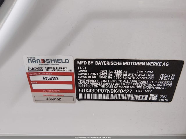 Продаж на аукціоні авто 2022 Bmw X3 Sdrive30i, vin: 5UX43DP07N9K40427, номер лоту: 45543715