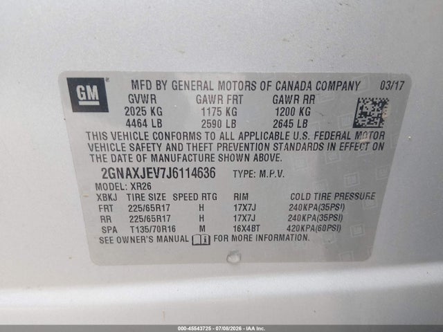 45543725 :رقم المزاد ، 2GNAXJEV7J6114636 vin ، 2018 Chevrolet Equinox Lt مزاد بيع