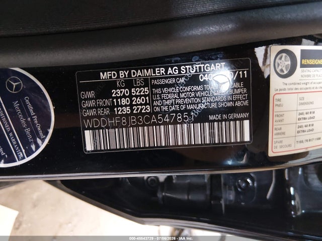 45543729 :رقم المزاد ، WDDHF8JB3CA547851 vin ، 2012 Mercedes-benz E 350 4matic مزاد بيع