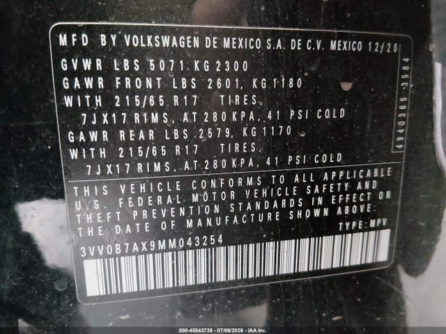 Volkswagen Tiguan 2.0t S 2021 3VV0B7AX9MM043254 Image 9