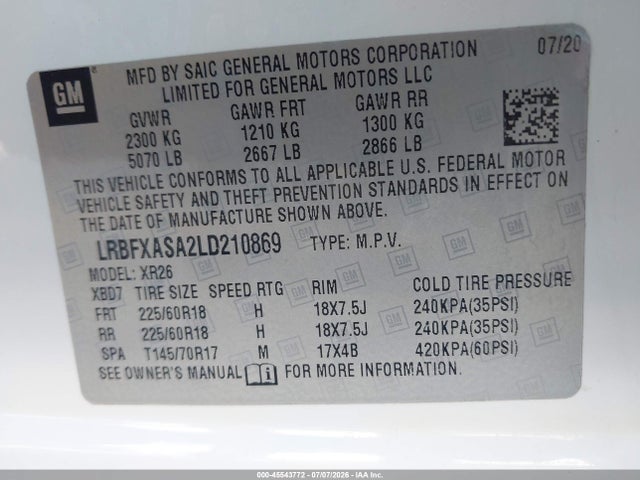 2020 Buick Envision Fwd 1sv მანქანა იყიდება აუქციონზე, vin: LRBFXASA2LD210869, აუქციონის ნომერი: 45543772