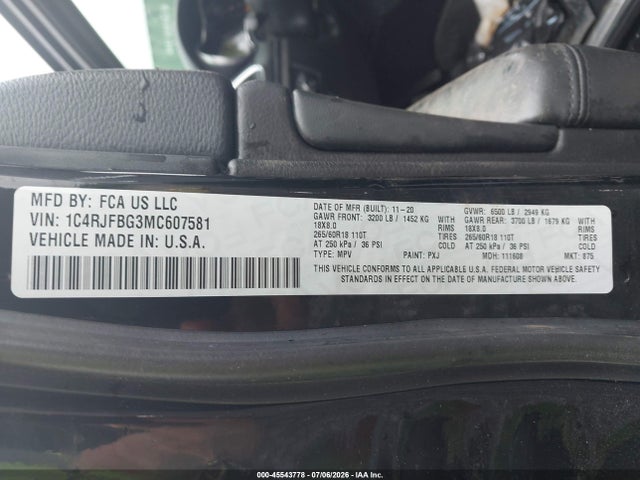 45543778 :رقم المزاد ، 1C4RJFBG3MC607581 vin ، 2021 Jeep Grand Cherokee Limited 4x4 مزاد بيع