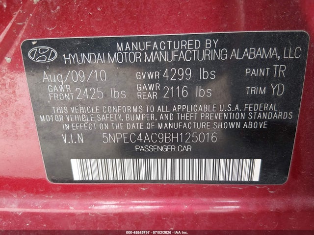 Aukcja sprzedaży 2011 Hyundai Sonata Limited, vin: 5NPEC4AC9BH125016, numer aukcji: 45543797