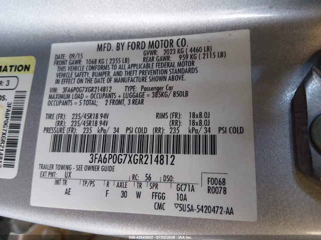 Продажа на аукционе авто 2016 Ford Fusion S, vin: 3FA6P0G7XGR214812, номер лота: 45543802