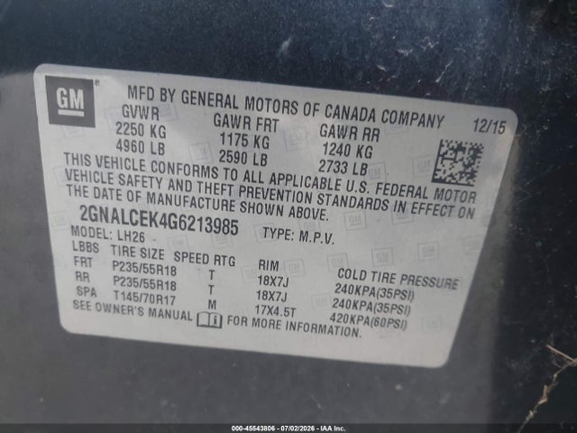 Auction sale of the 2016 Chevrolet Equinox Lt, vin: 2GNALCEK4G6213985, lot number: 45543806