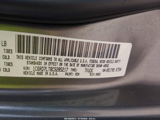 45543813 :رقم المزاد ، 1C6RD7LT8CS285217 vin ، 2012 Ram 1500 Big Horn مزاد بيع